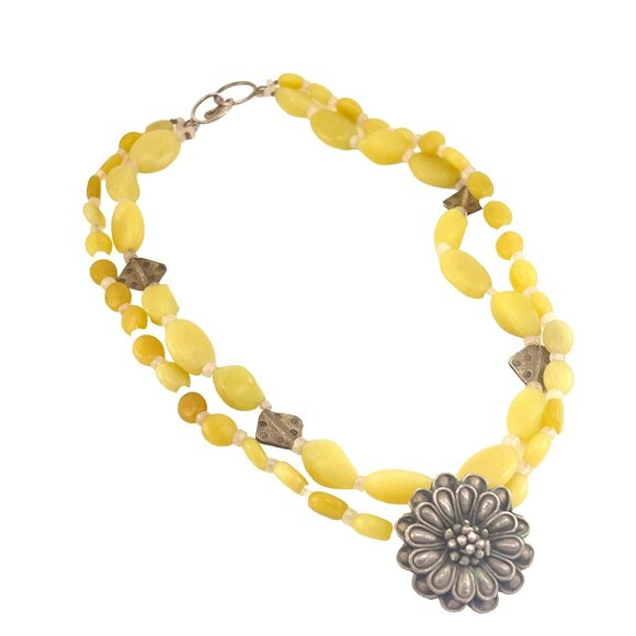 Serpentine Stone 2 Strand Necklace with Flower Blossom Center 16" Choker - Picture 1 of 5